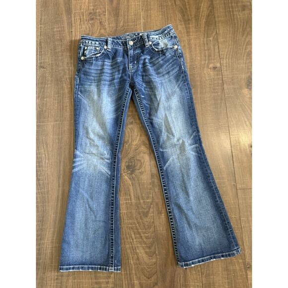 Miss Me Jeans Womens 31 Blue Signature Boot Fleur de Lis Rhinestone Embroidered - Picture 3 of 5